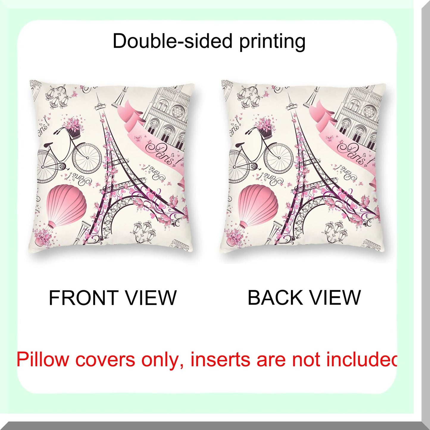 Eiffel Tower Parisian Chic Pillowcase Set - 2 Pack Decorative Throw Cushion Covers for Bedroom, Living Room, Sofa, Couch & Bed - 18x18 Inch French Travel Theme Home Decor