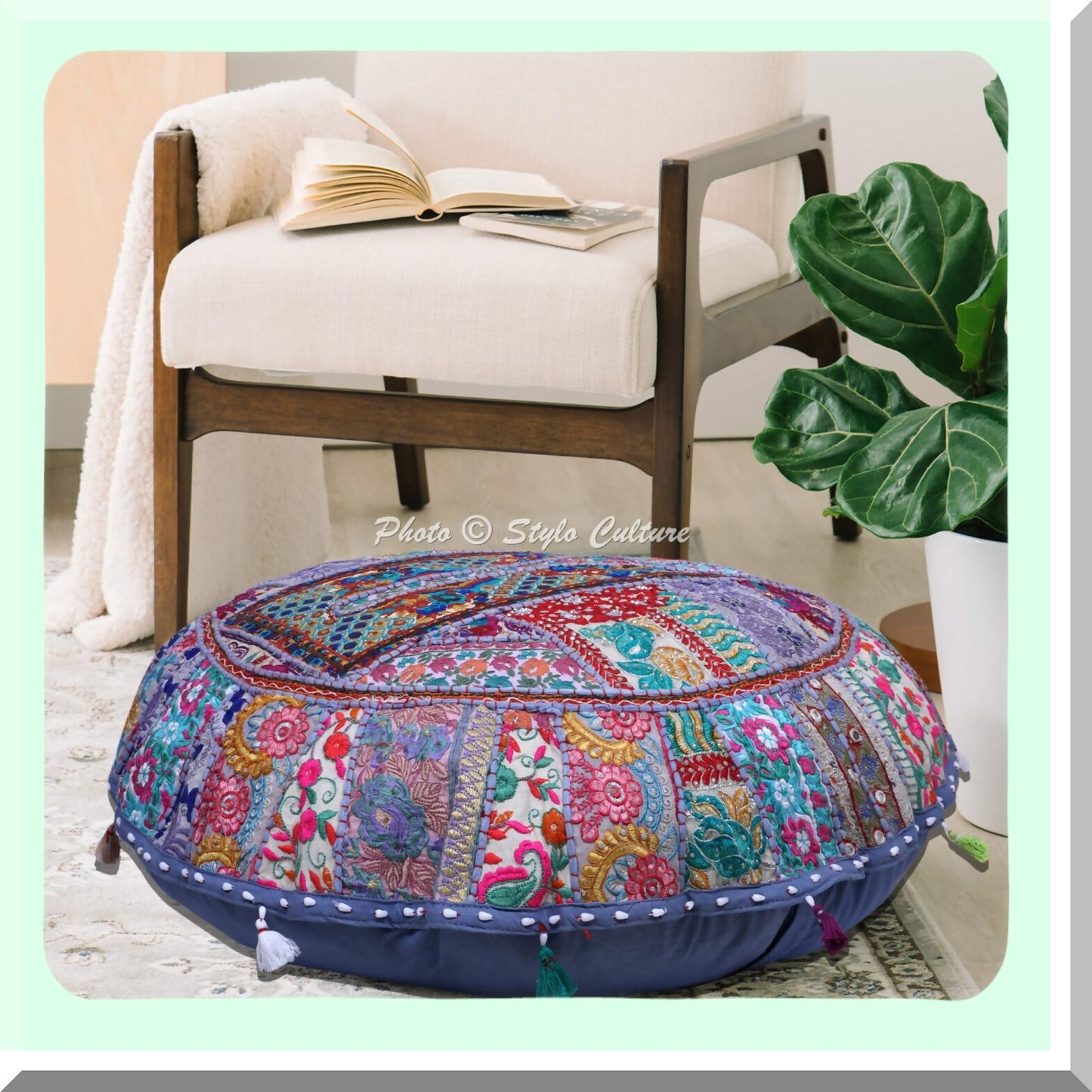 Vintage Patchwork Round Floor Pillow - Grey 32x32 - Ethnic Decorative Seating Cushion - Embroidered Cotton Tuffet Seat Pouf Cover - Footstool Decor - 1 Pc