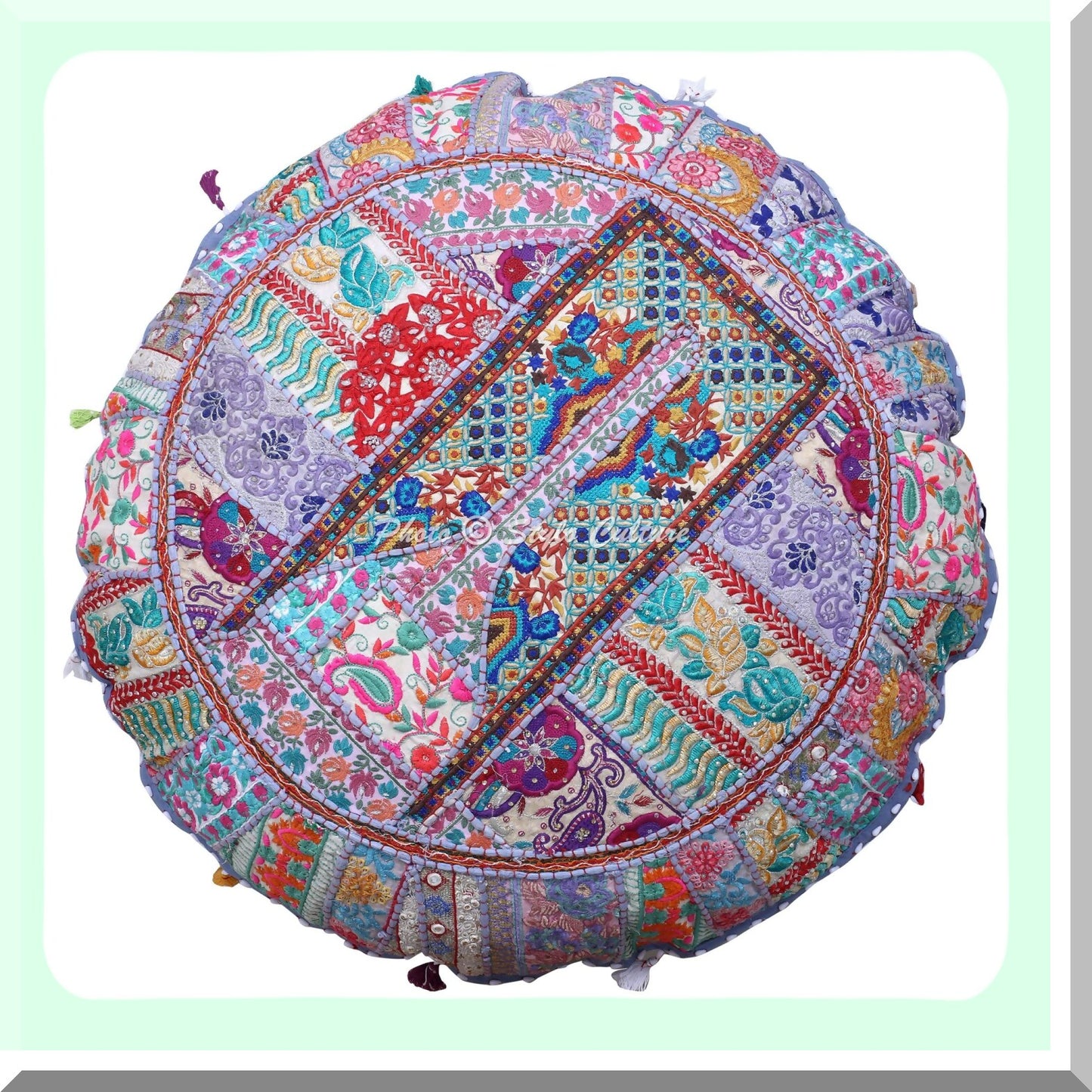 Vintage Patchwork Round Floor Pillow - Grey 32x32 - Ethnic Decorative Seating Cushion - Embroidered Cotton Tuffet Seat Pouf Cover - Footstool Decor - 1 Pc