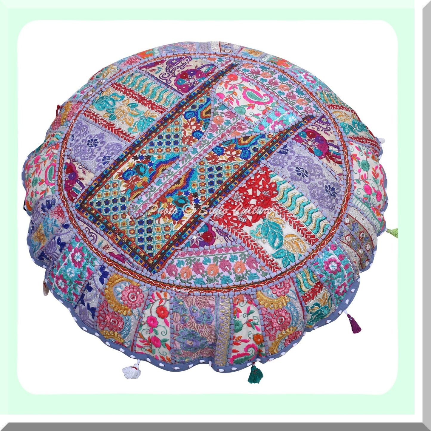 Vintage Patchwork Round Floor Pillow - Grey 32x32 - Ethnic Decorative Seating Cushion - Embroidered Cotton Tuffet Seat Pouf Cover - Footstool Decor - 1 Pc