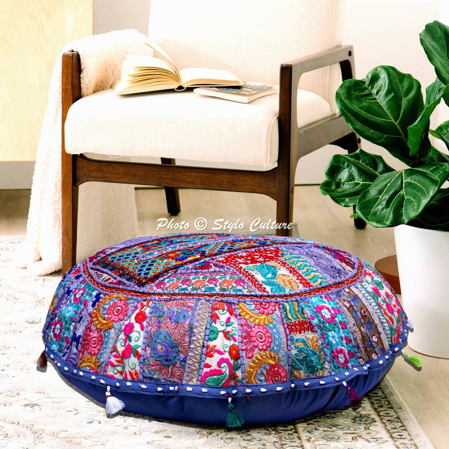 Vintage Patchwork Round Floor Pillow - Grey 32x32 - Ethnic Decorative Seating Cushion - Embroidered Cotton Tuffet Seat Pouf Cover - Footstool Decor - 1 Pc