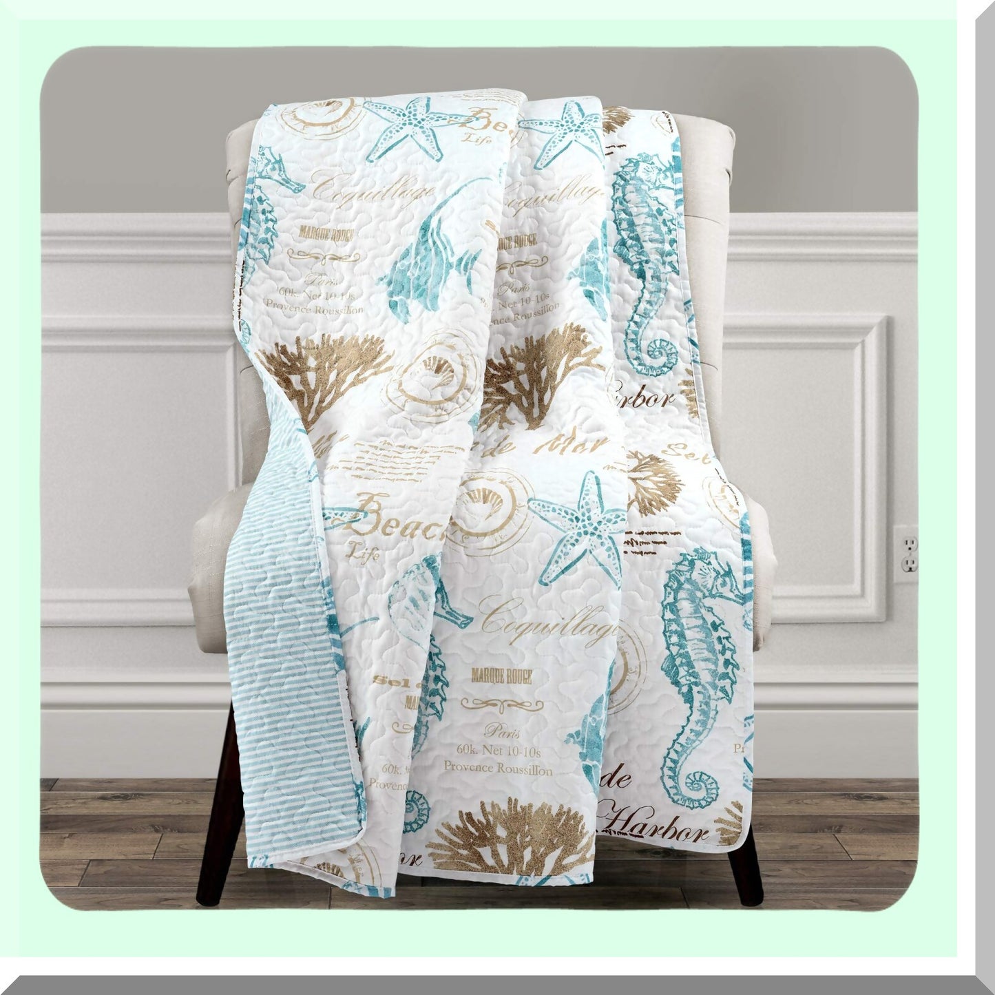 Coastal Comfort Quilted Nautical Throw Blanket - Blue & Taupe Striped Seahorse Design for Bed, Couch, or Chair - 50" x 60" Beachy Vibes