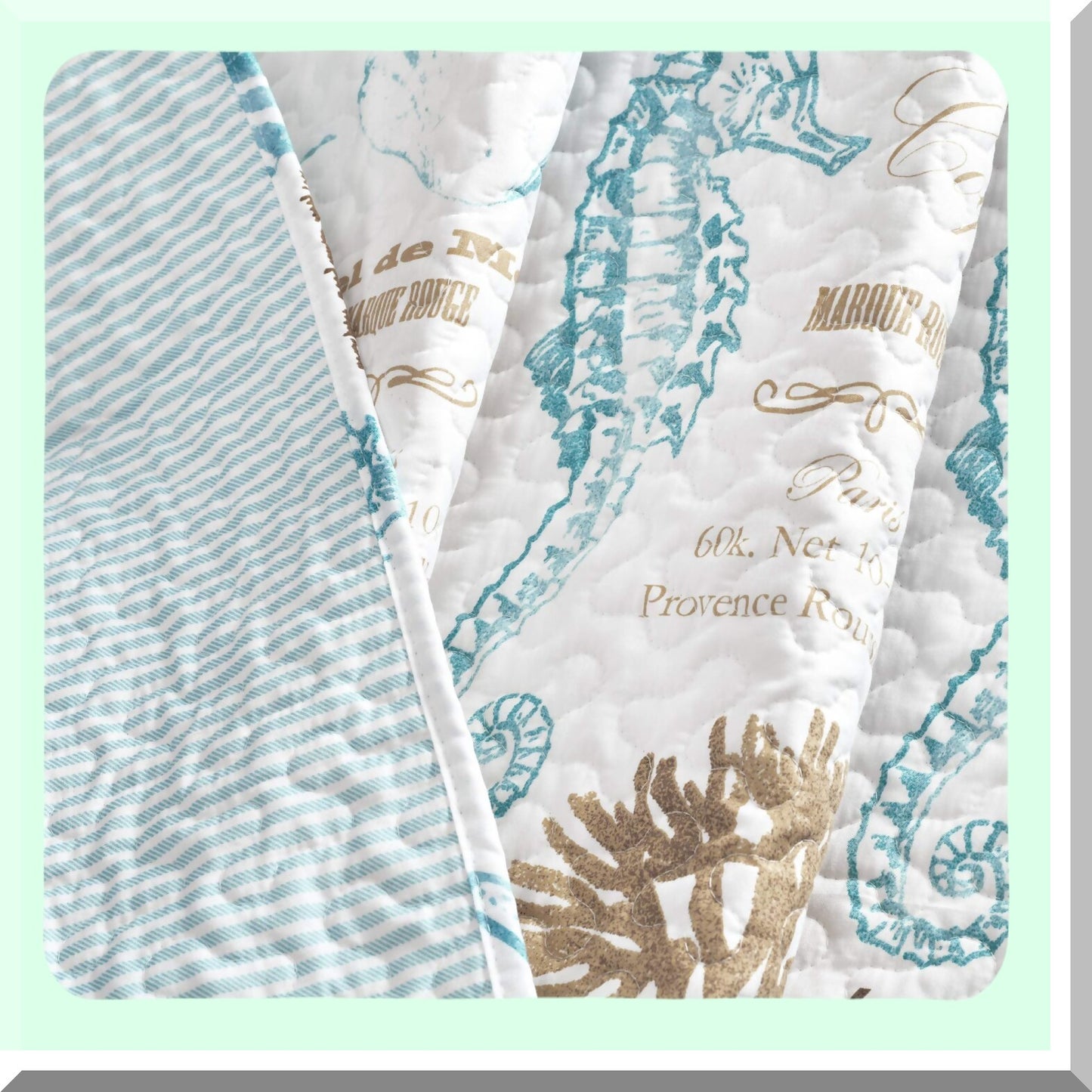 Coastal Comfort Quilted Nautical Throw Blanket - Blue & Taupe Striped Seahorse Design for Bed, Couch, or Chair - 50" x 60" Beachy Vibes