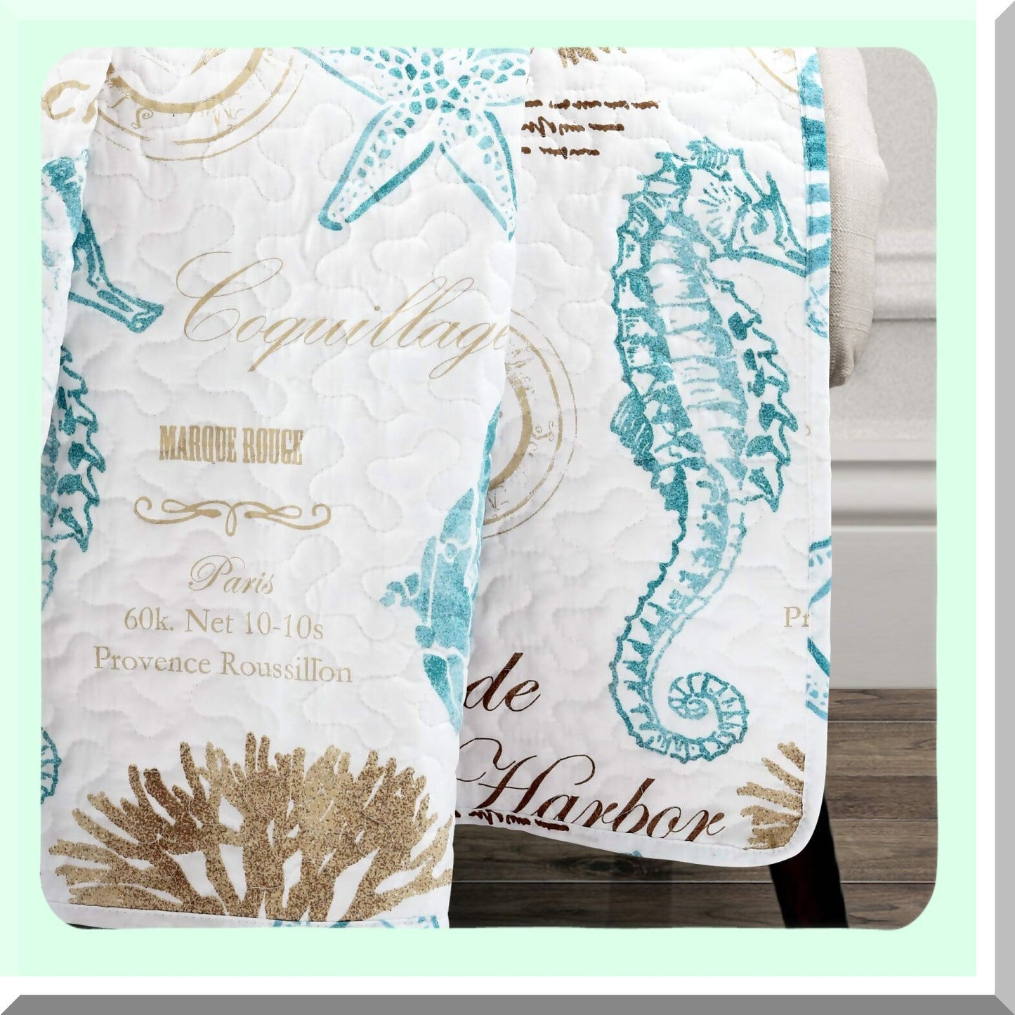 Coastal Comfort Quilted Nautical Throw Blanket - Blue & Taupe Striped Seahorse Design for Bed, Couch, or Chair - 50" x 60" Beachy Vibes