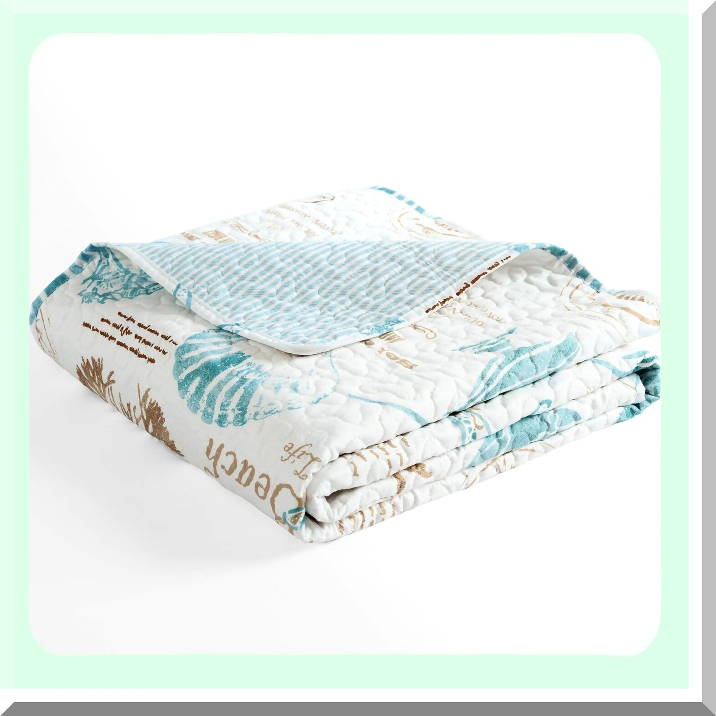 Coastal Comfort Quilted Nautical Throw Blanket - Blue & Taupe Striped Seahorse Design for Bed, Couch, or Chair - 50" x 60" Beachy Vibes