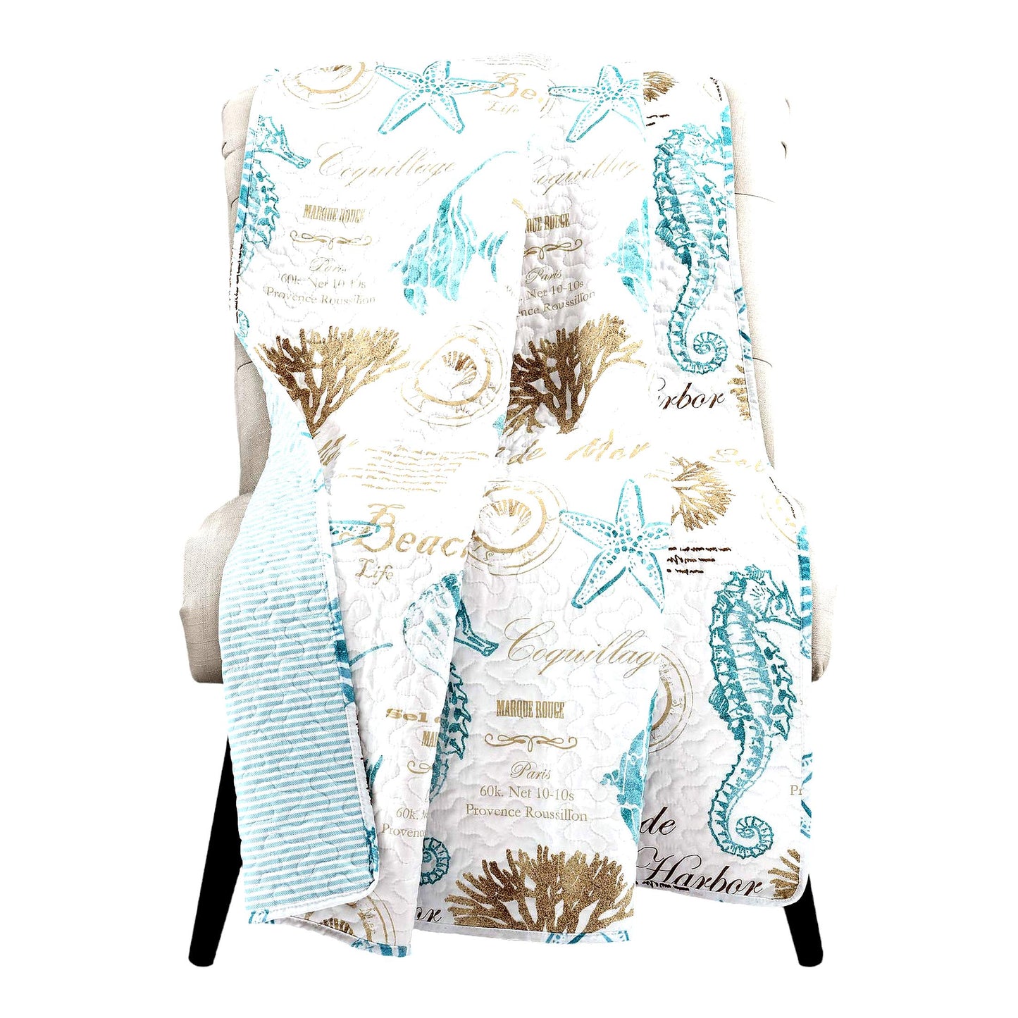 Coastal Comfort Quilted Nautical Throw Blanket - Blue & Taupe Striped Seahorse Design for Bed, Couch, or Chair - 50" x 60" Beachy Vibes