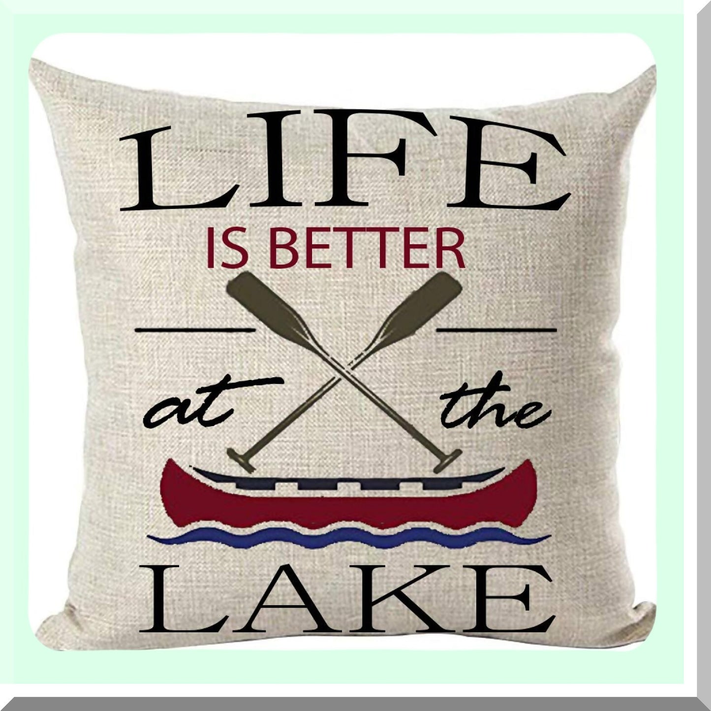 Lake Life Quote Decorative Pillow Cover - Black Claret Boat Paddle Summer Word Art Throw Case for Home Living Room Bed Sofa Car - Cotton Linen Square 18 x 18 Inches