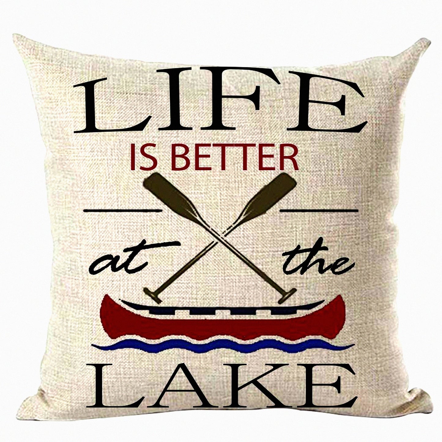 Lake Life Quote Decorative Pillow Cover - Black Claret Boat Paddle Summer Word Art Throw Case for Home Living Room Bed Sofa Car - Cotton Linen Square 18 x 18 Inches