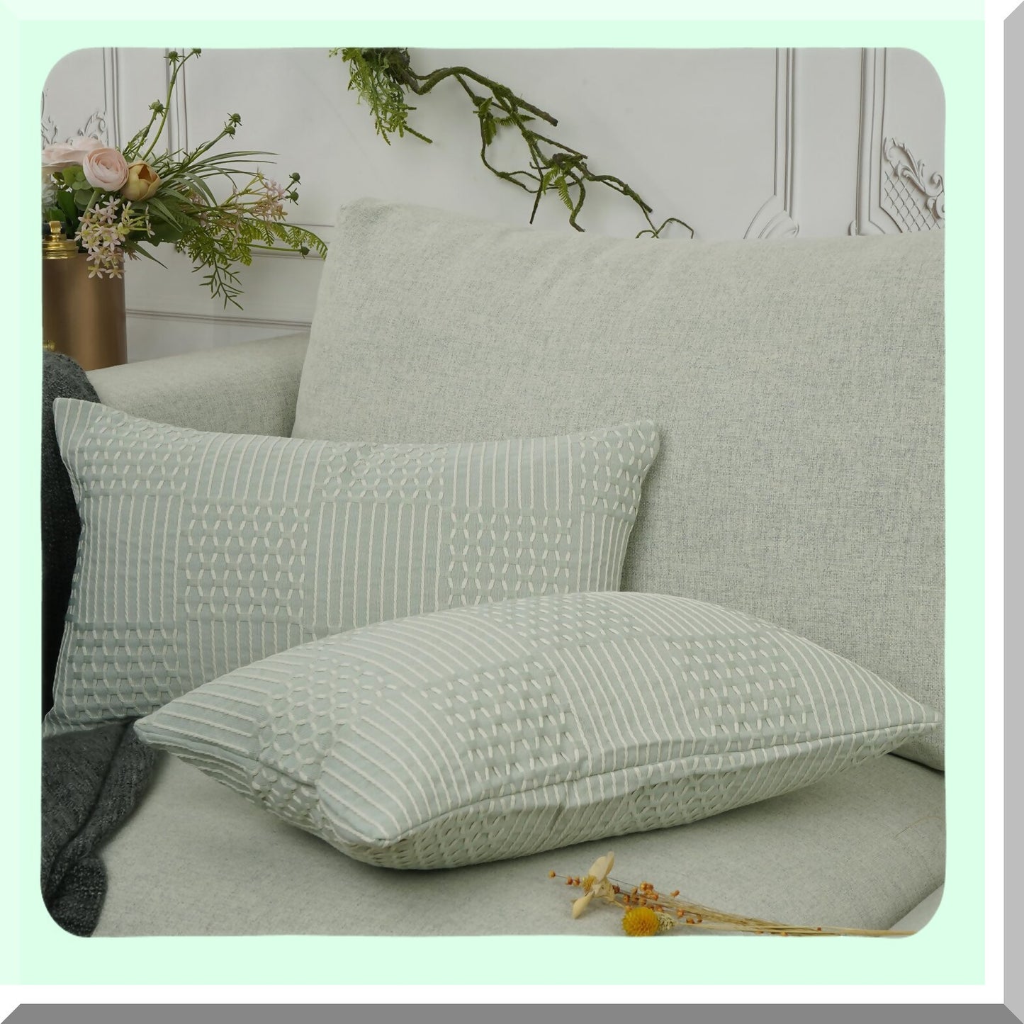 Mint Farmhouse Boho Striped Pillow Covers - Set of 2 Soft Square Cushion Cases for Modern Home Decor on Couch or Bed - 12X20-inch Solid Pattern