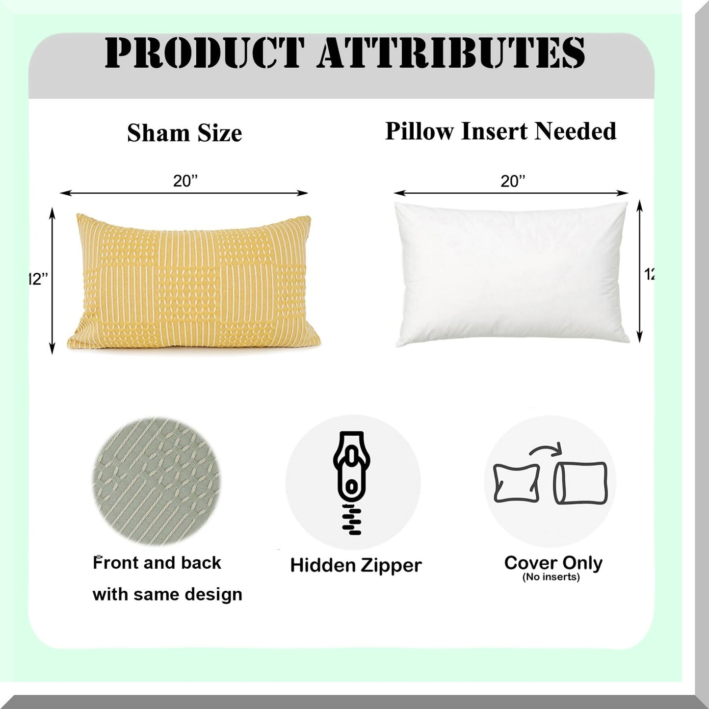 Mint Farmhouse Boho Striped Pillow Covers - Set of 2 Soft Square Cushion Cases for Modern Home Decor on Couch or Bed - 12X20-inch Solid Pattern