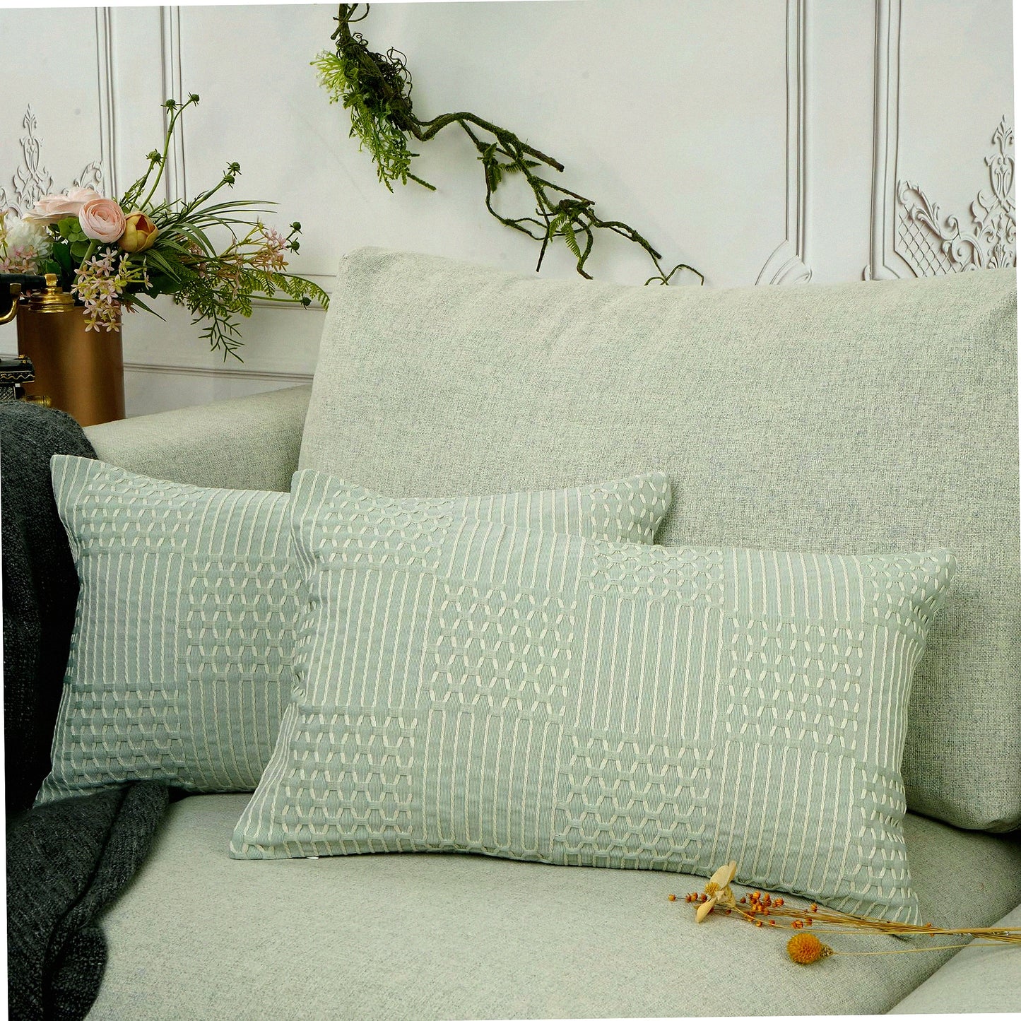 Mint Farmhouse Boho Striped Pillow Covers - Set of 2 Soft Square Cushion Cases for Modern Home Decor on Couch or Bed - 12X20-inch Solid Pattern