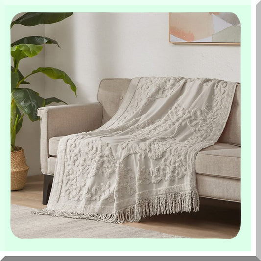 Elegant Luxe Cotton Chenille Fringe Blanket - Lightweight, Breathable Summer Throw, 50" x 60", Grey"