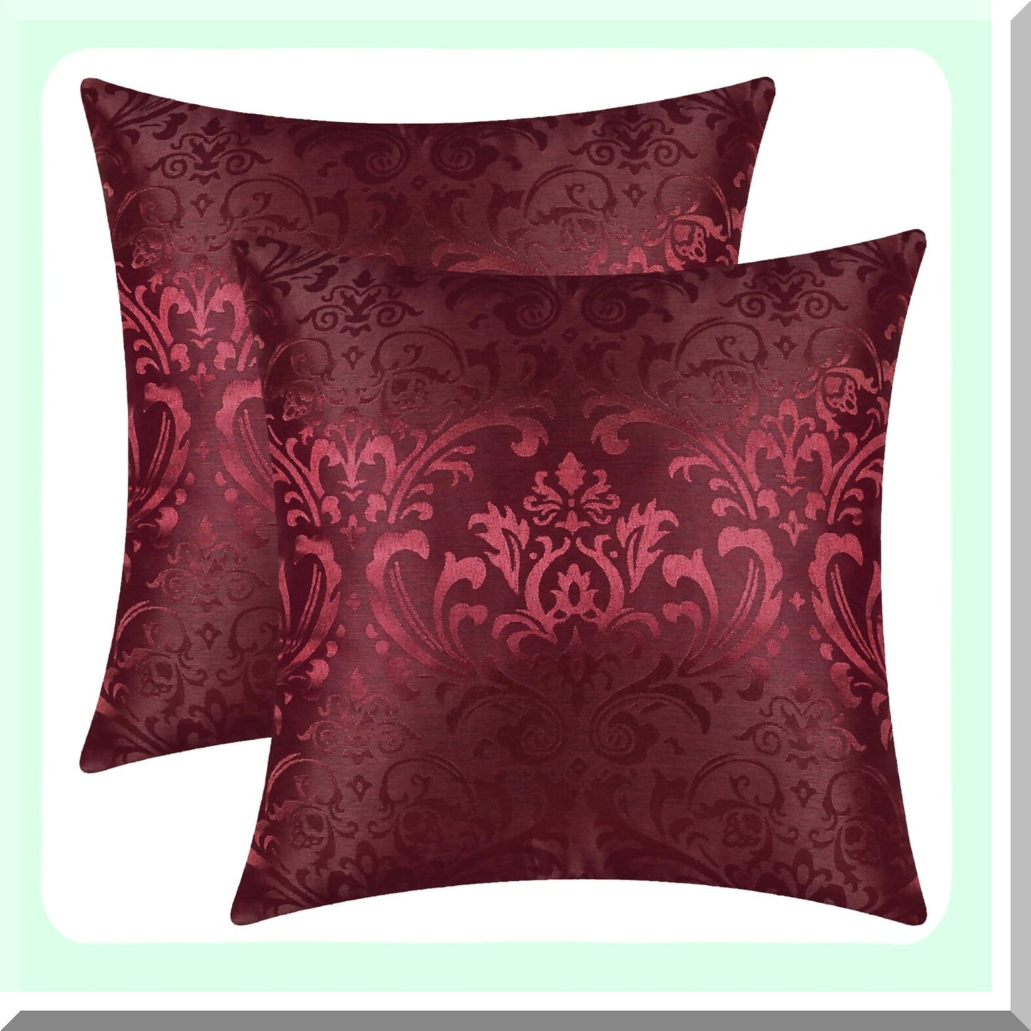 Vintage Damask Floral Throw Pillow Covers - Set of 2 Shining Dull Contrast Cases for Couch Sofa Home Decoration - 18 X 18 Inches Burgundy