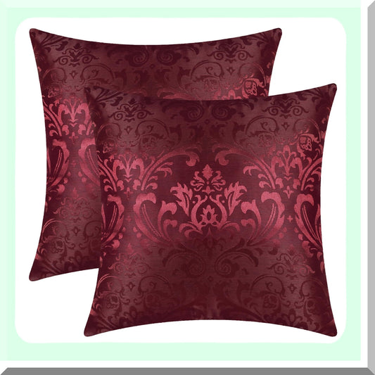 Vintage Damask Floral Throw Pillow Covers - Set of 2 Shining Dull Contrast Cases for Couch Sofa Home Decoration - 18 X 18 Inches Burgundy