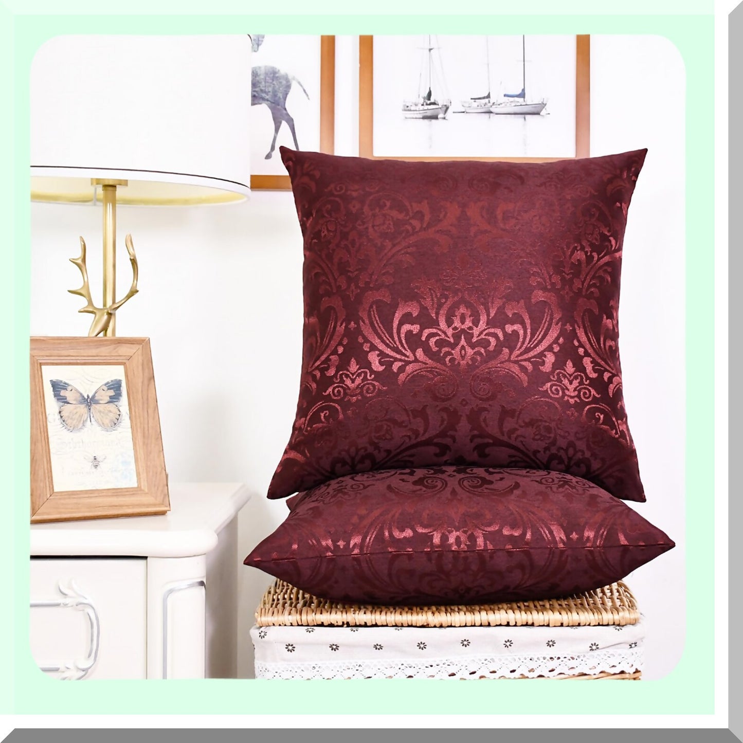 Vintage Damask Floral Throw Pillow Covers - Set of 2 Shining Dull Contrast Cases for Couch Sofa Home Decoration - 18 X 18 Inches Burgundy