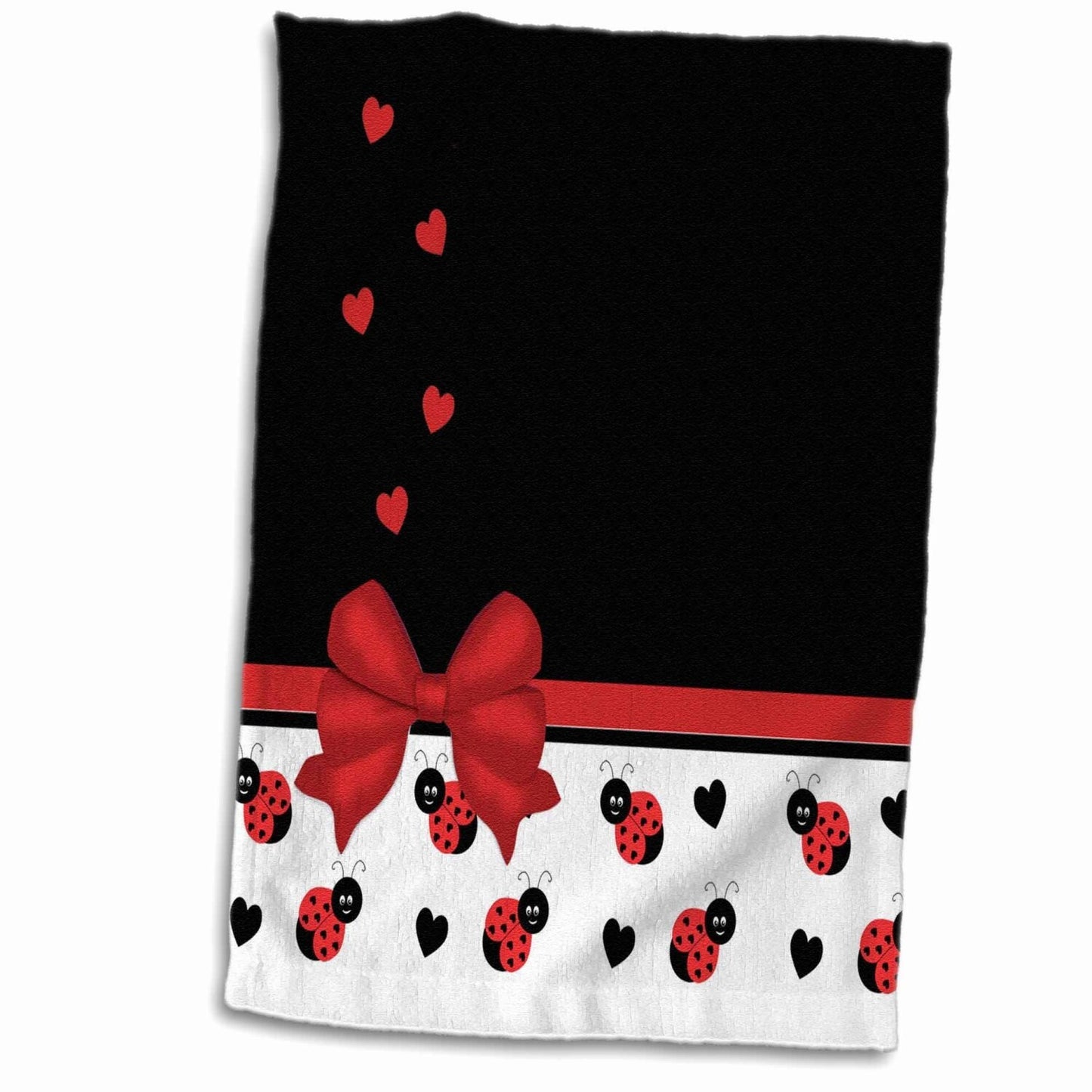 3D Rose Black Ladybugs Floating Hearts Towel 15" x 22"