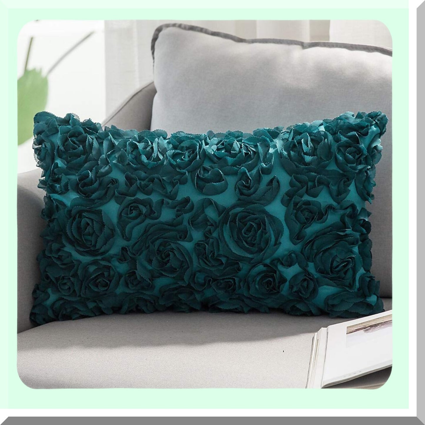 Romantic 3D Chiffon Rose Flower Pillowcase - Turquoise Valentines Day Decor - Sofa Bedroom Couch Decorative Pillow Cover - Solid Square 12x20 Inch