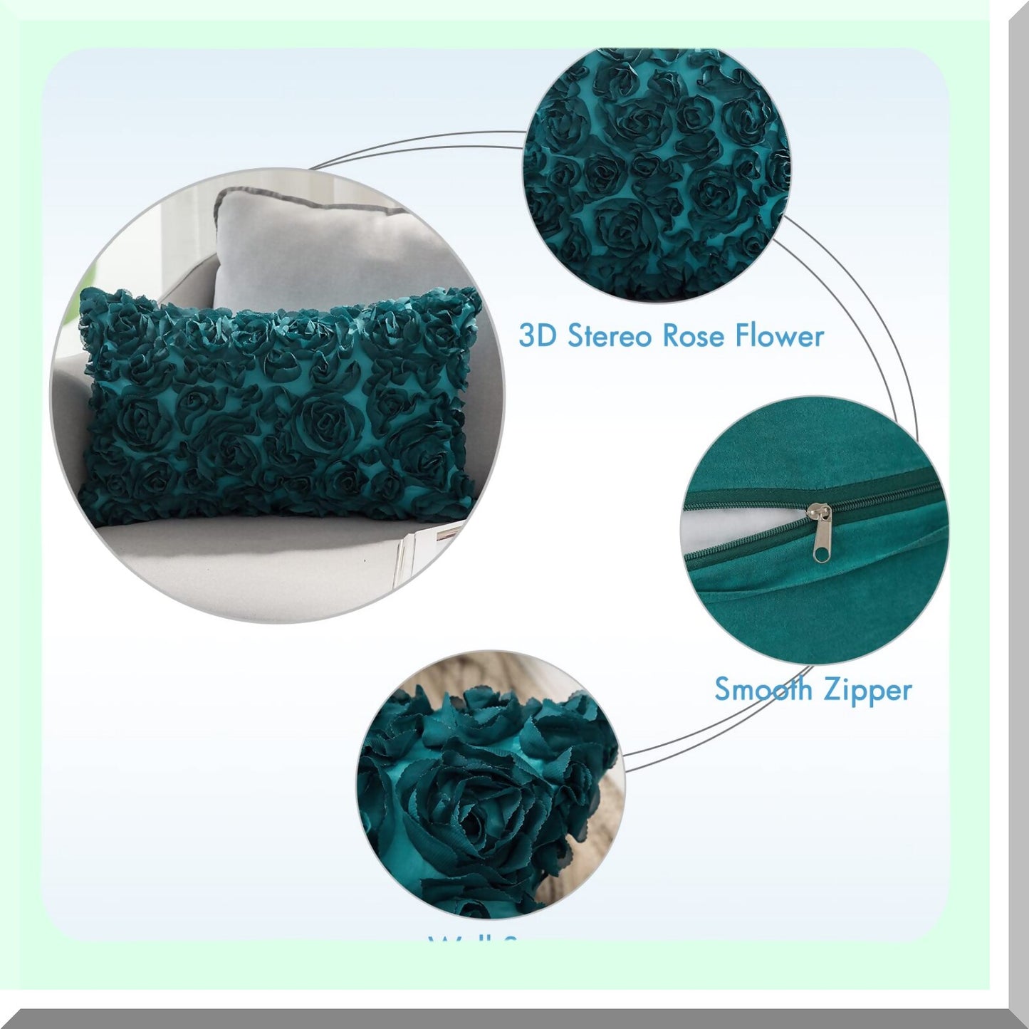 Romantic 3D Chiffon Rose Flower Pillowcase - Turquoise Valentines Day Decor - Sofa Bedroom Couch Decorative Pillow Cover - Solid Square 12x20 Inch