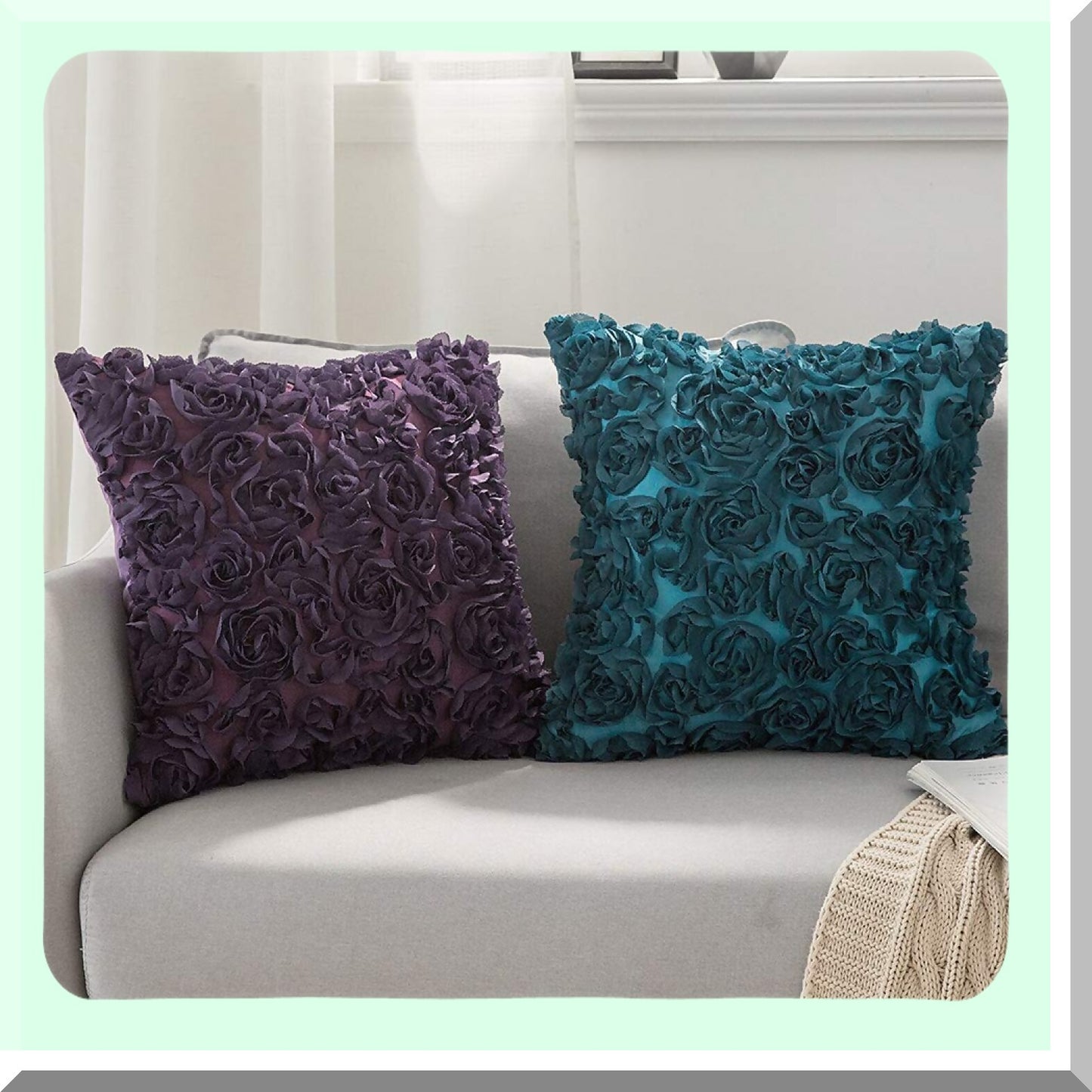 Romantic 3D Chiffon Rose Flower Pillowcase - Turquoise Valentines Day Decor - Sofa Bedroom Couch Decorative Pillow Cover - Solid Square 12x20 Inch
