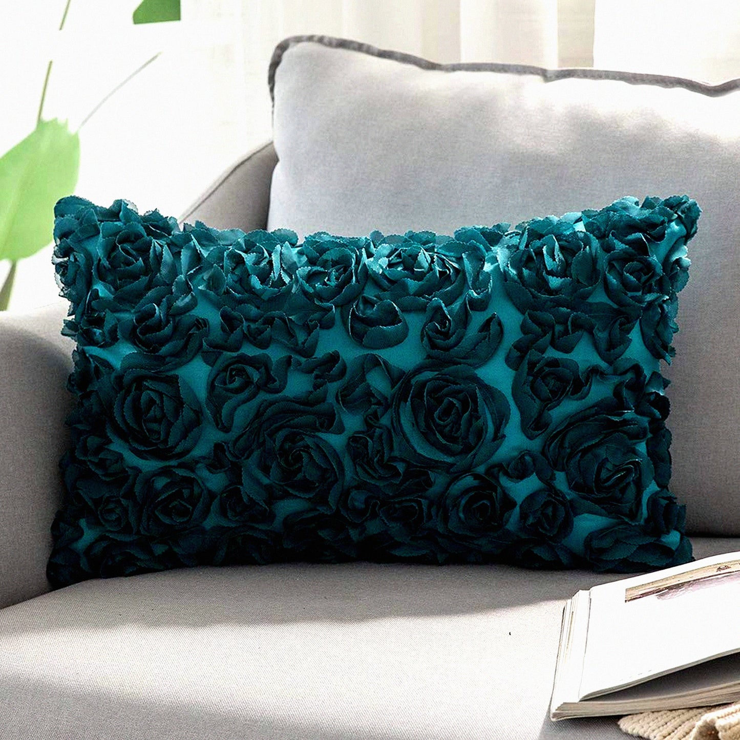Romantic 3D Chiffon Rose Flower Pillowcase - Turquoise Valentines Day Decor - Sofa Bedroom Couch Decorative Pillow Cover - Solid Square 12x20 Inch