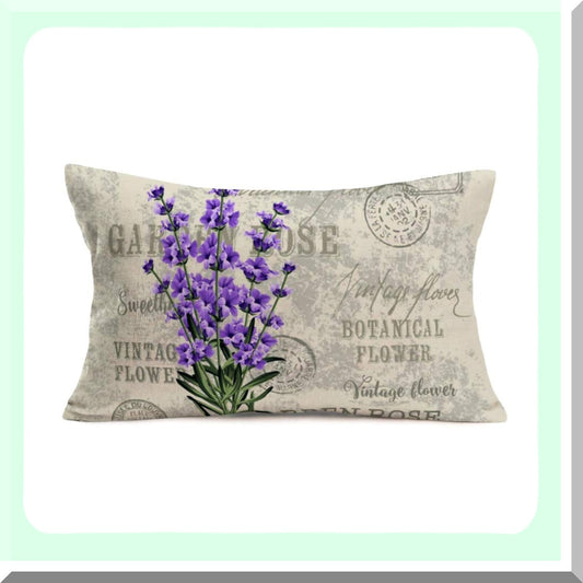 Lavender Bouquet Vintage Floral Pillow Cover - French Country Stamp Decorative Cushion Case - Cotton Linen Lumbar Throw - Grey Purple Rectangle 12x20"