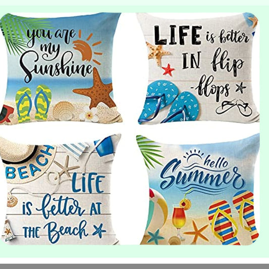 Beach Life Sunshine Flip Flops Pillow Cover - Summer Gift Set of 4 Decorative Cushion Covers for Bed Sofa 18"x 18" - Cotton Linen Square Waist Case