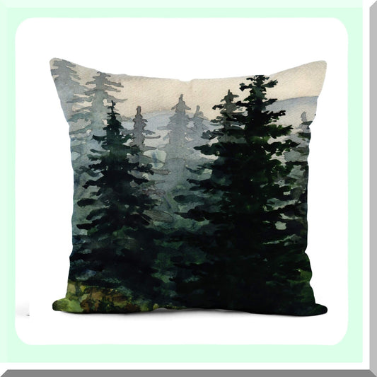 Winter Forest Flax Pillowcase - Blue Watercolor Landscape Pine Mountains Artistic 18x18 Inches Square Cotton Linen Cushion Cover for Home Decor