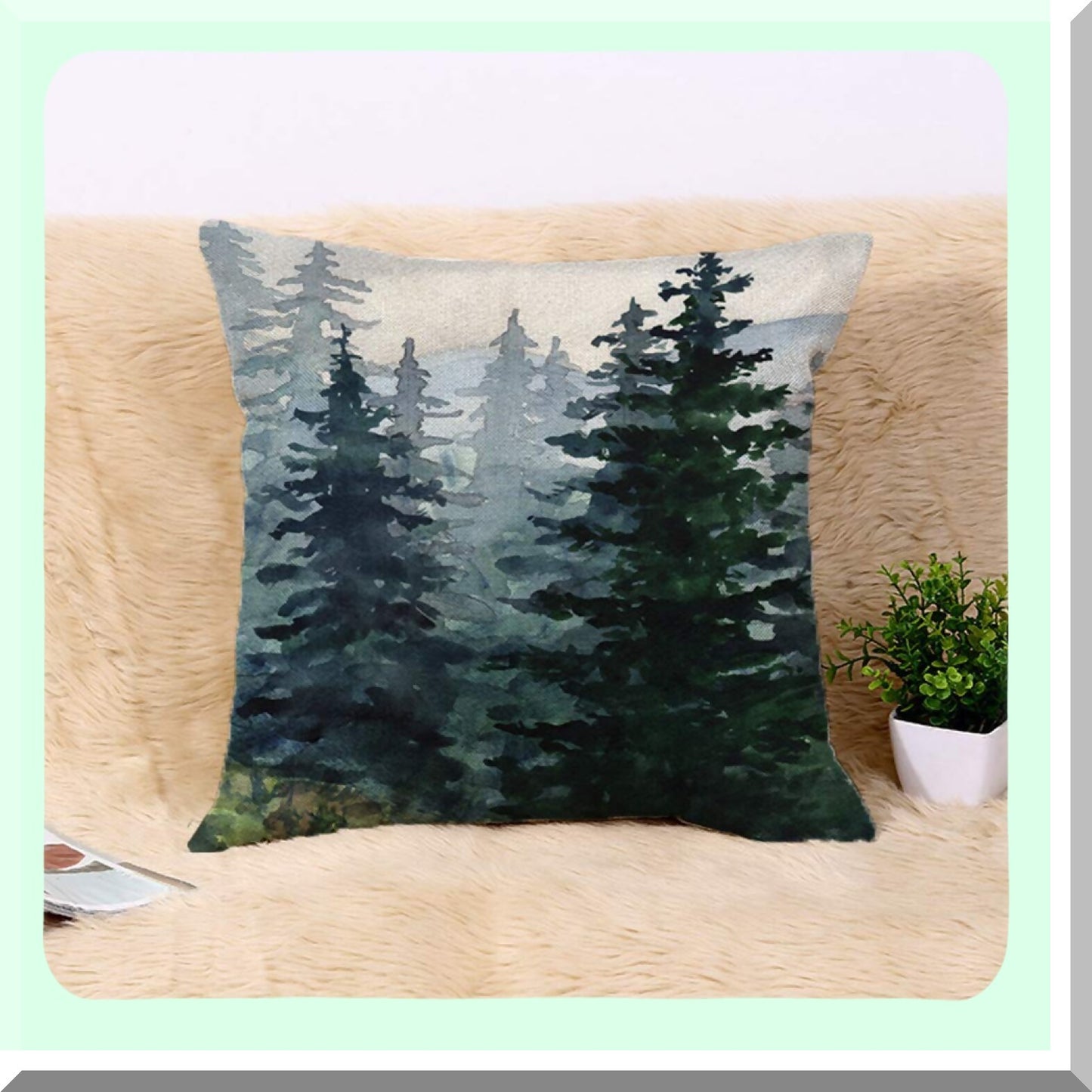 Winter Forest Flax Pillowcase - Blue Watercolor Landscape Pine Mountains Artistic 18x18 Inches Square Cotton Linen Cushion Cover for Home Decor