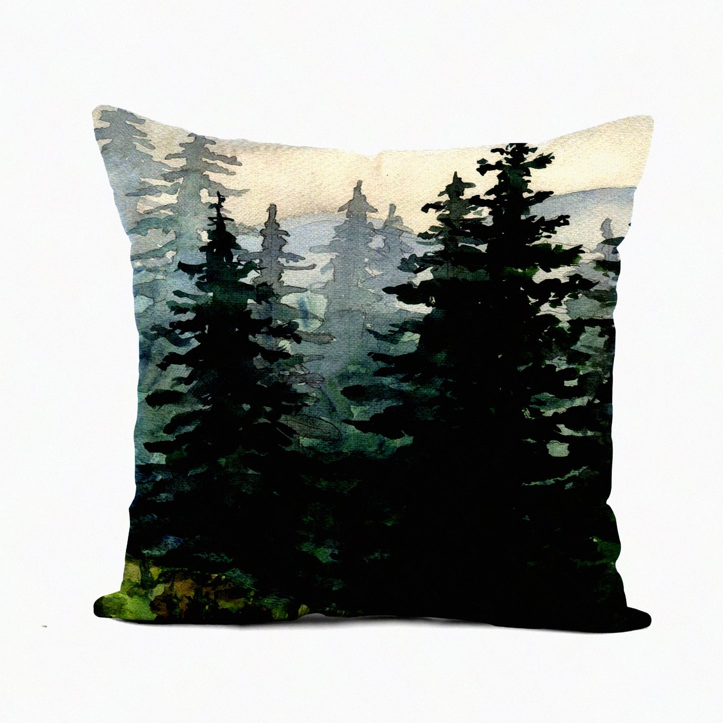 Winter Forest Flax Pillowcase - Blue Watercolor Landscape Pine Mountains Artistic 18x18 Inches Square Cotton Linen Cushion Cover for Home Decor