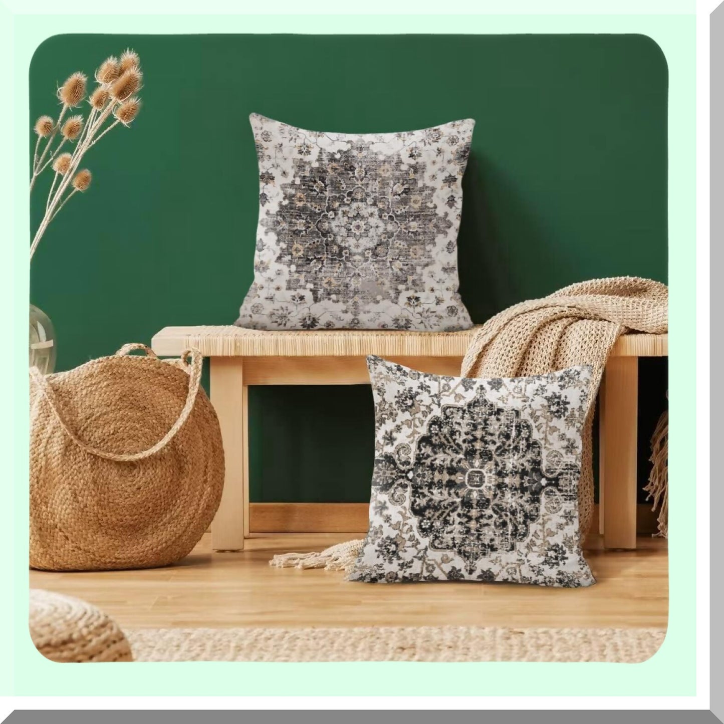 Boho Farmhouse Floral Pillow Covers - Set of 2 Outdoor Decorative Cushion Cases for Living Room & Bedroom, Spring Gray Carpet Design