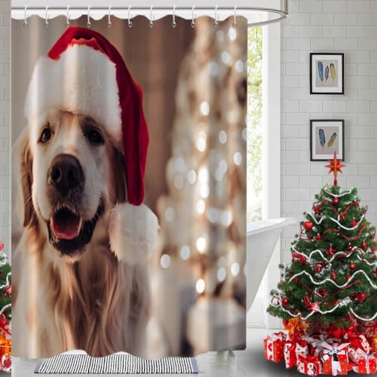 Xmas Dog Shower Curtain 72x72 Inch Waterproof Fabric
