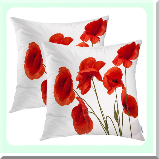 Poppy Blossom Beauty Throw Pillow Covers - Set of 2, Double Sided Decorative Cushion Cover for Sofa, 18 x 18 Inches, Red Crimson White Nature Floral Design