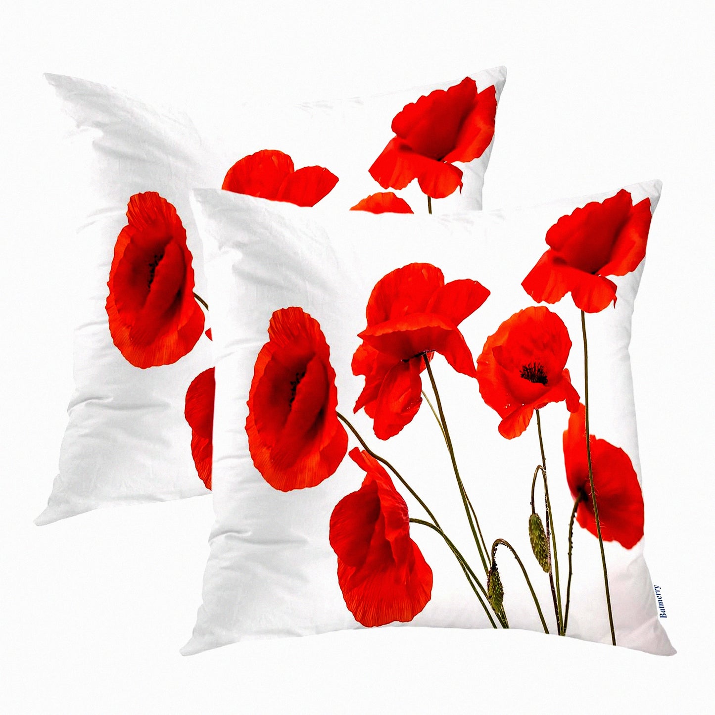 Poppy Blossom Beauty Throw Pillow Covers - Set of 2, Double Sided Decorative Cushion Cover for Sofa, 18 x 18 Inches, Red Crimson White Nature Floral Design