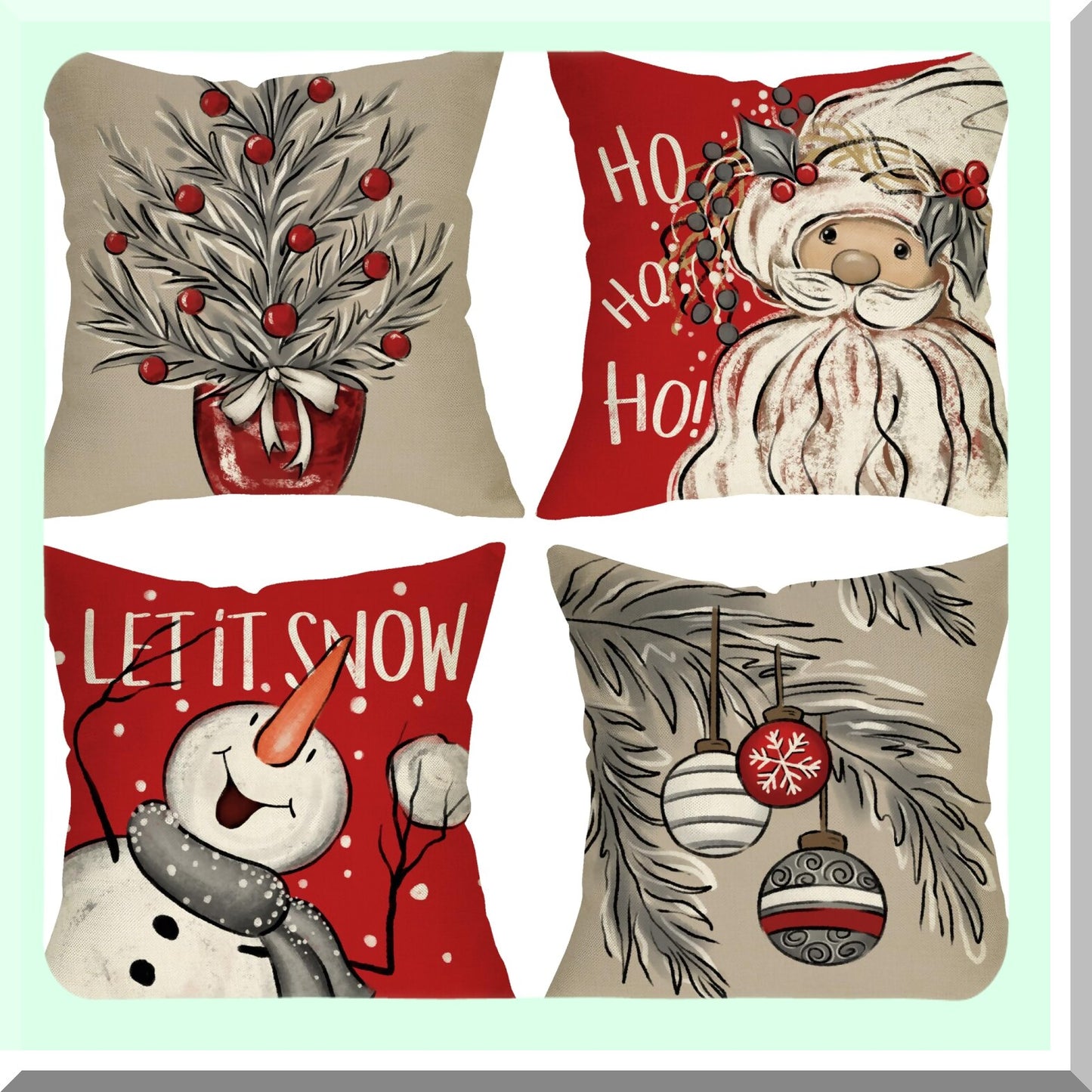 Winter Wonderland Holiday Pillow Cover Set - Snowman, Tree Ornaments, Holly Berries - 18x18 Red Cushion Case - Let It Snow Decor - Home Decoration Pillowcase Set of 4