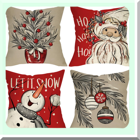 Winter Wonderland Holiday Pillow Cover Set - Snowman, Tree Ornaments, Holly Berries - 18x18 Red Cushion Case - Let It Snow Decor - Home Decoration Pillowcase Set of 4