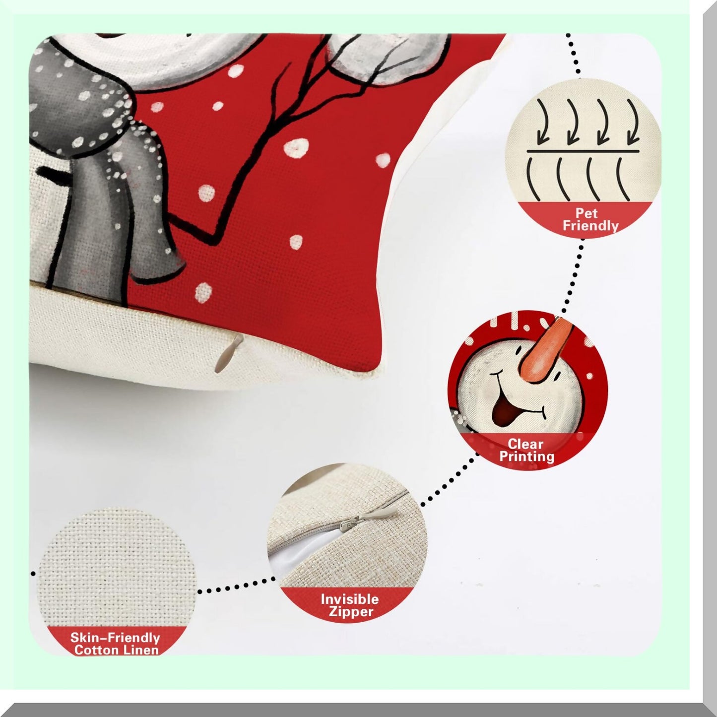 Winter Wonderland Holiday Pillow Cover Set - Snowman, Tree Ornaments, Holly Berries - 18x18 Red Cushion Case - Let It Snow Decor - Home Decoration Pillowcase Set of 4