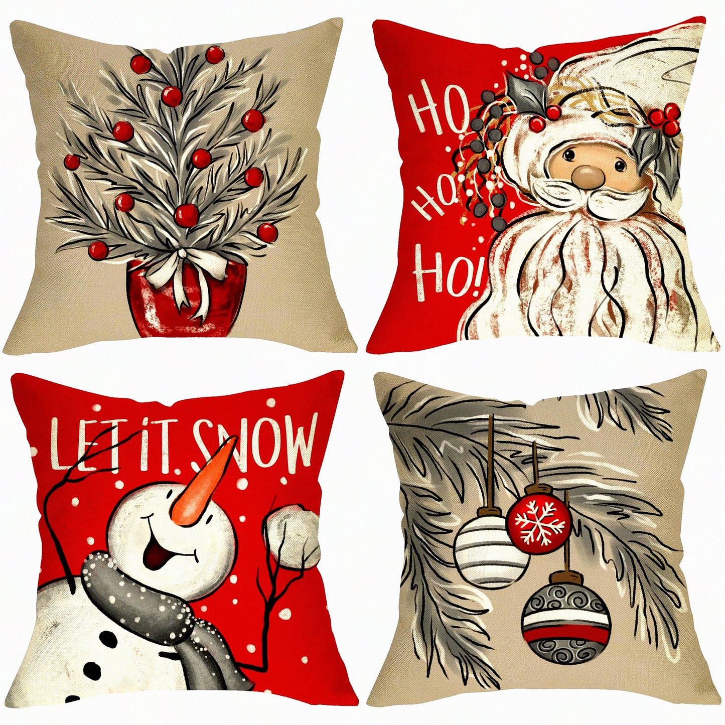 Winter Wonderland Holiday Pillow Cover Set - Snowman, Tree Ornaments, Holly Berries - 18x18 Red Cushion Case - Let It Snow Decor - Home Decoration Pillowcase Set of 4