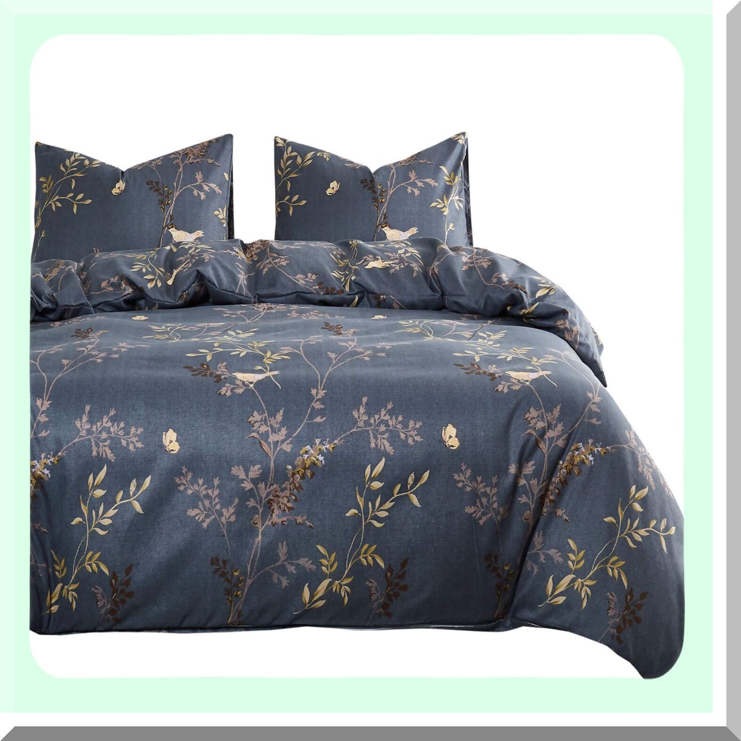 Floral Grey Feather Comforter Set - California King Size - Soft Microfiber Bedding with Birds and Leaves Pattern - 3 Piece Set