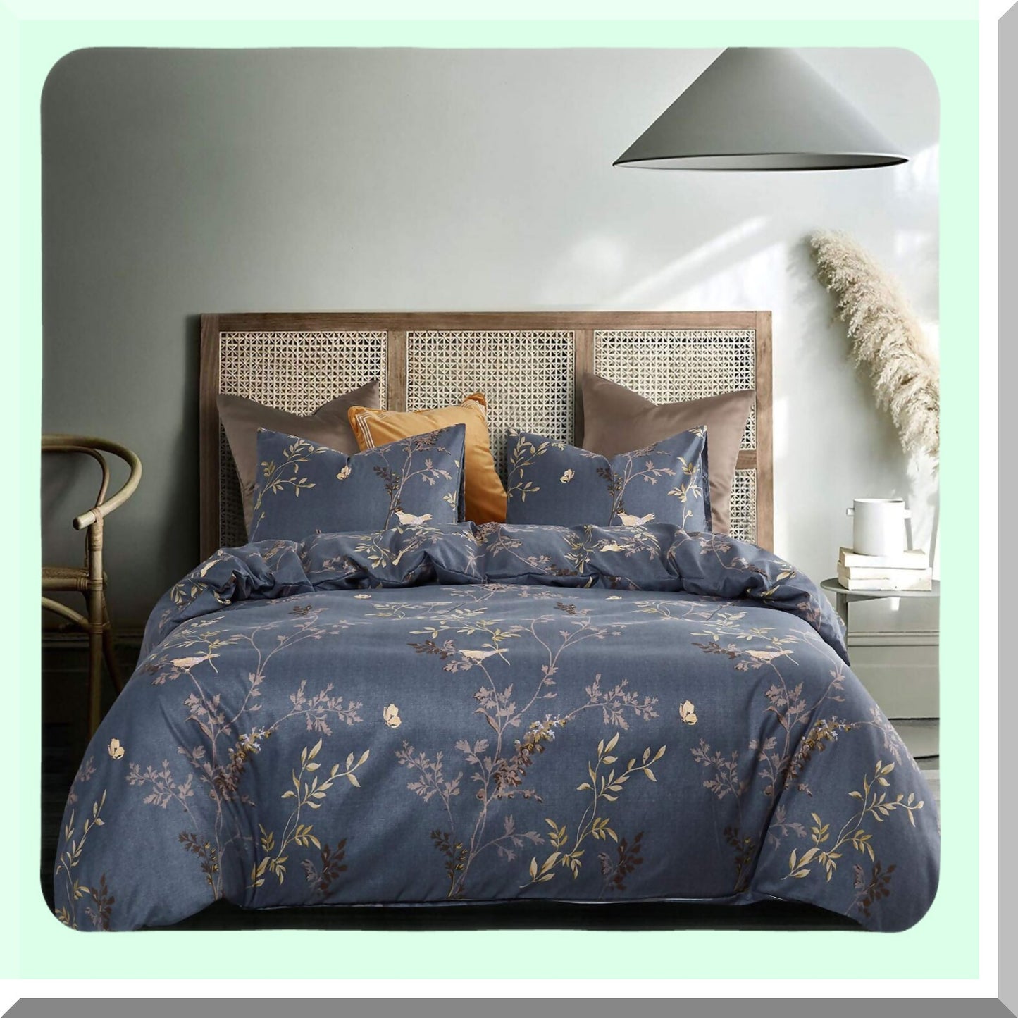 Floral Grey Feather Comforter Set - California King Size - Soft Microfiber Bedding with Birds and Leaves Pattern - 3 Piece Set