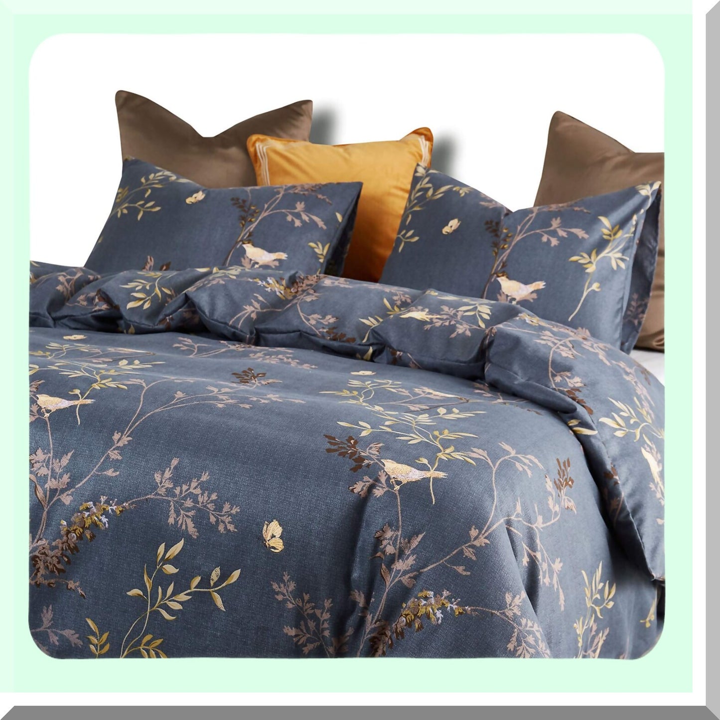 Floral Grey Feather Comforter Set - California King Size - Soft Microfiber Bedding with Birds and Leaves Pattern - 3 Piece Set