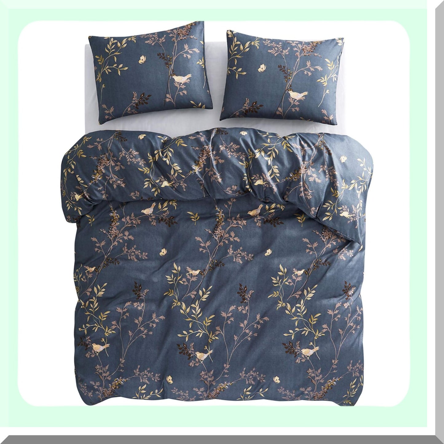 Floral Grey Feather Comforter Set - California King Size - Soft Microfiber Bedding with Birds and Leaves Pattern - 3 Piece Set