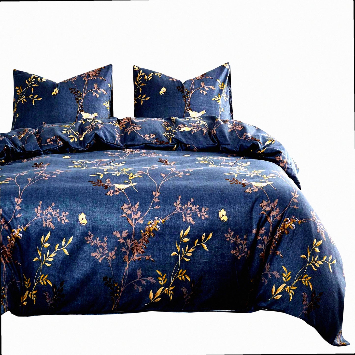 Floral Grey Feather Comforter Set - California King Size - Soft Microfiber Bedding with Birds and Leaves Pattern - 3 Piece Set