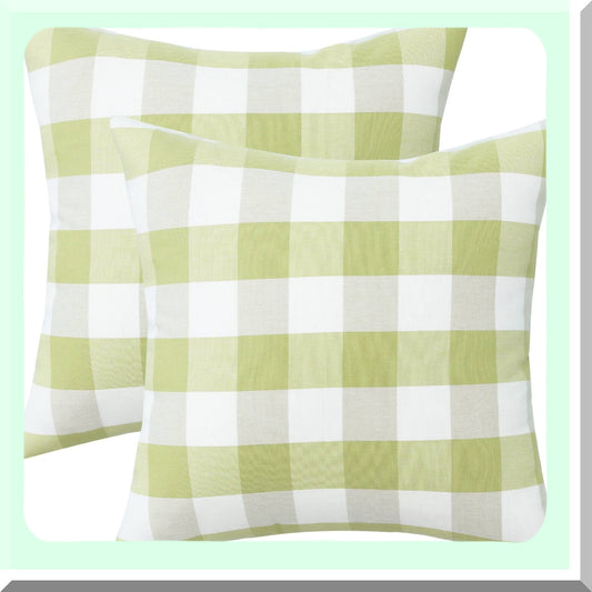 Green Plaid Farmhouse Pillow Covers - Set of 2, Polyester Linen Cushion Cases for Living Room & Bedroom Decor, 18x18 Inches