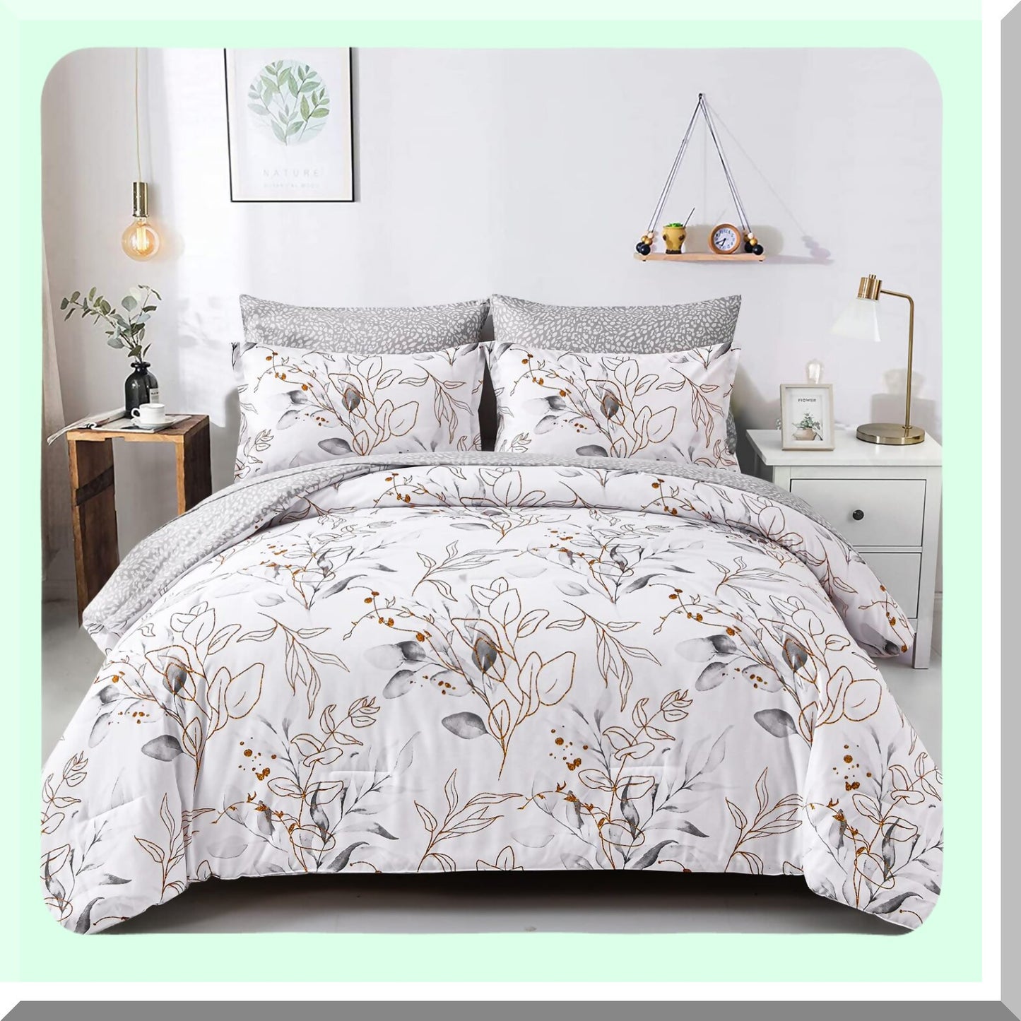 Golden Botanical Bliss Bedding Set - Full Size Comforter, Pillowcases, Shams, Sheets - Floral Grey Reversible Design - 7 Piece Bed in a Bag