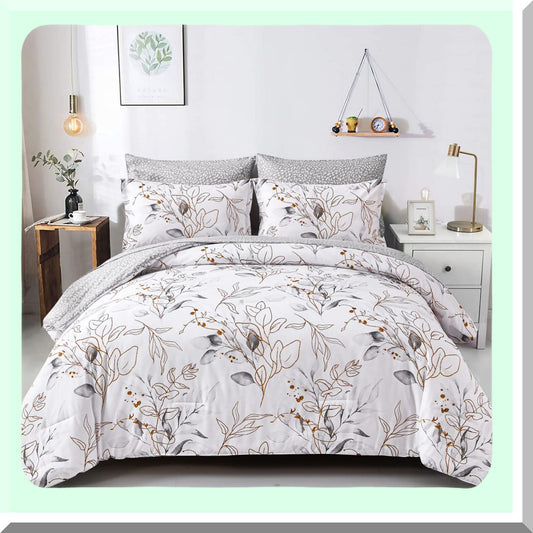 Golden Botanical Bliss Bedding Set - Full Size Comforter, Pillowcases, Shams, Sheets - Floral Grey Reversible Design - 7 Piece Bed in a Bag