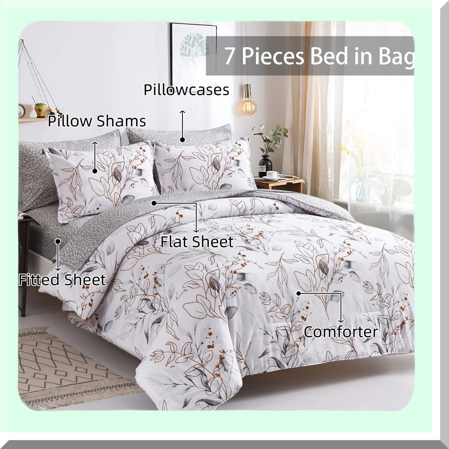 Golden Botanical Bliss Bedding Set - Full Size Comforter, Pillowcases, Shams, Sheets - Floral Grey Reversible Design - 7 Piece Bed in a Bag