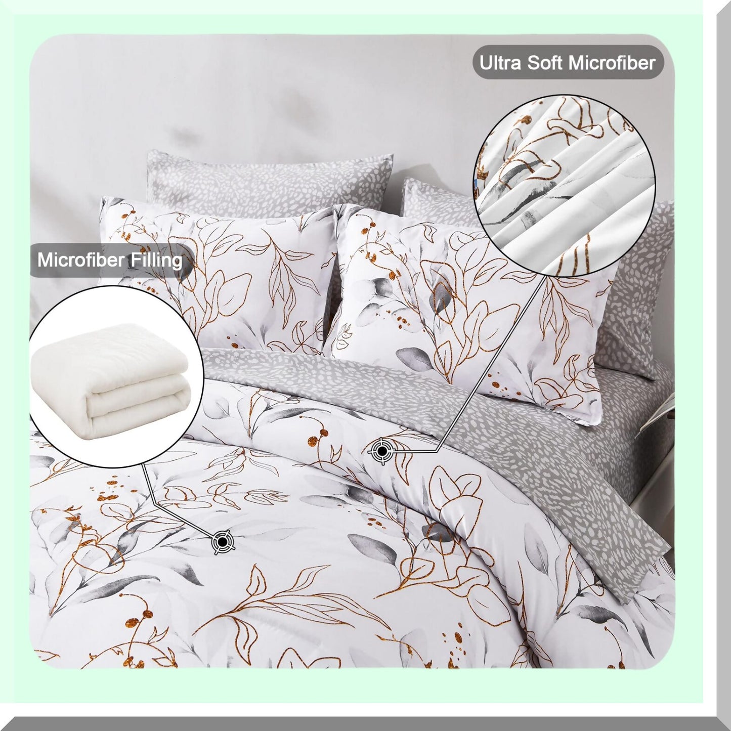 Golden Botanical Bliss Bedding Set - Full Size Comforter, Pillowcases, Shams, Sheets - Floral Grey Reversible Design - 7 Piece Bed in a Bag