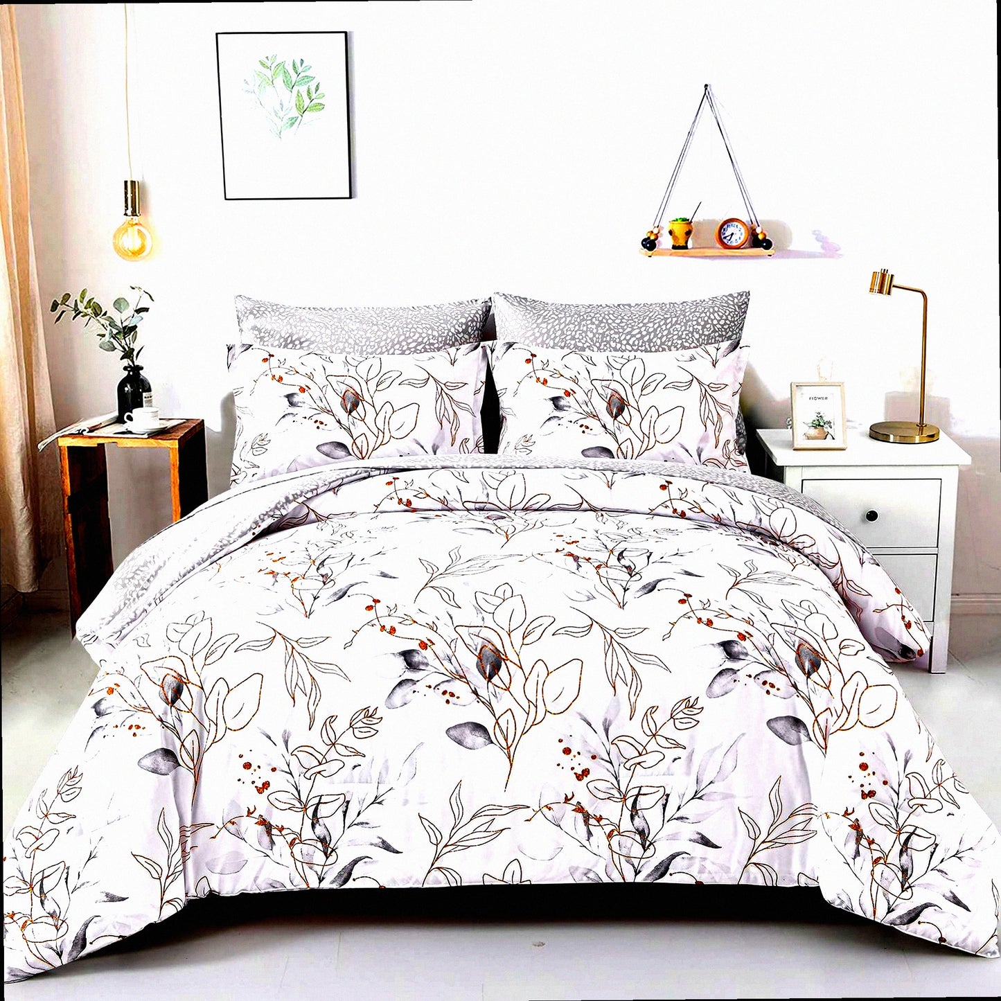 Golden Botanical Bliss Bedding Set - Full Size Comforter, Pillowcases, Shams, Sheets - Floral Grey Reversible Design - 7 Piece Bed in a Bag