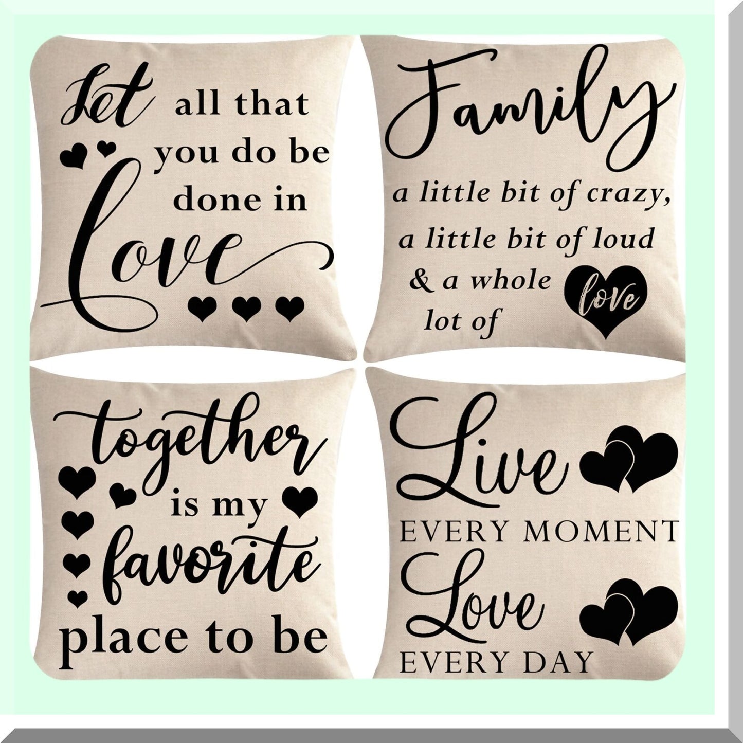 Rustic Love Family Quotes Pillow Covers - Set of 4 Inspirational Farmhouse Cushion Cover with Heart Design - 18" x 18" Decorative Pillowcases for Housewarming Gifts