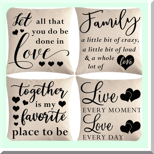 Rustic Love Family Quotes Pillow Covers - Set of 4 Inspirational Farmhouse Cushion Cover with Heart Design - 18" x 18" Decorative Pillowcases for Housewarming Gifts